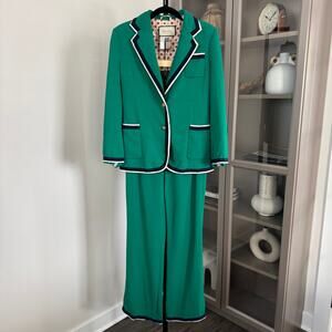 GUCCI Green Cady Navy Trim Viscose Pant Suit Set